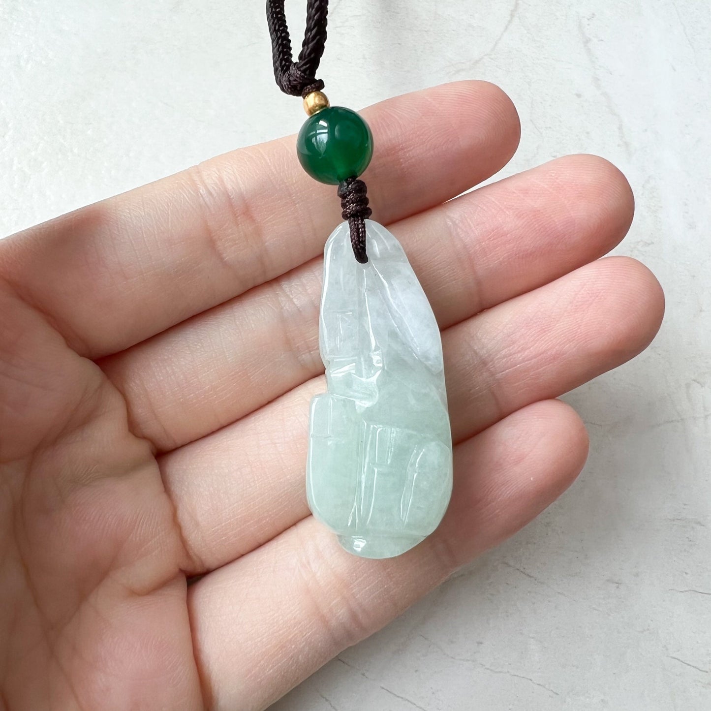 Jadeite Jade Ox Bull Cow, Light Green Jade, Chinese Zodiac Carved Necklace, YJ-0321-0468538-3 - AriaDesignCollection