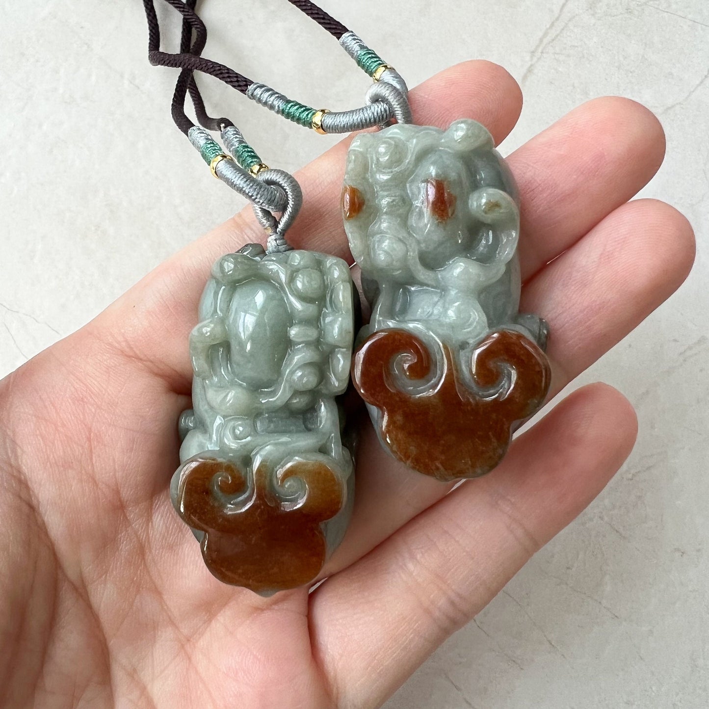Pair Jadeite Jade Pi Xiu, Pi Yao, Red Green Jade, Dragon lion Chinese Carved Pendant, YJ-0322-0350874 - AriaDesignCollection