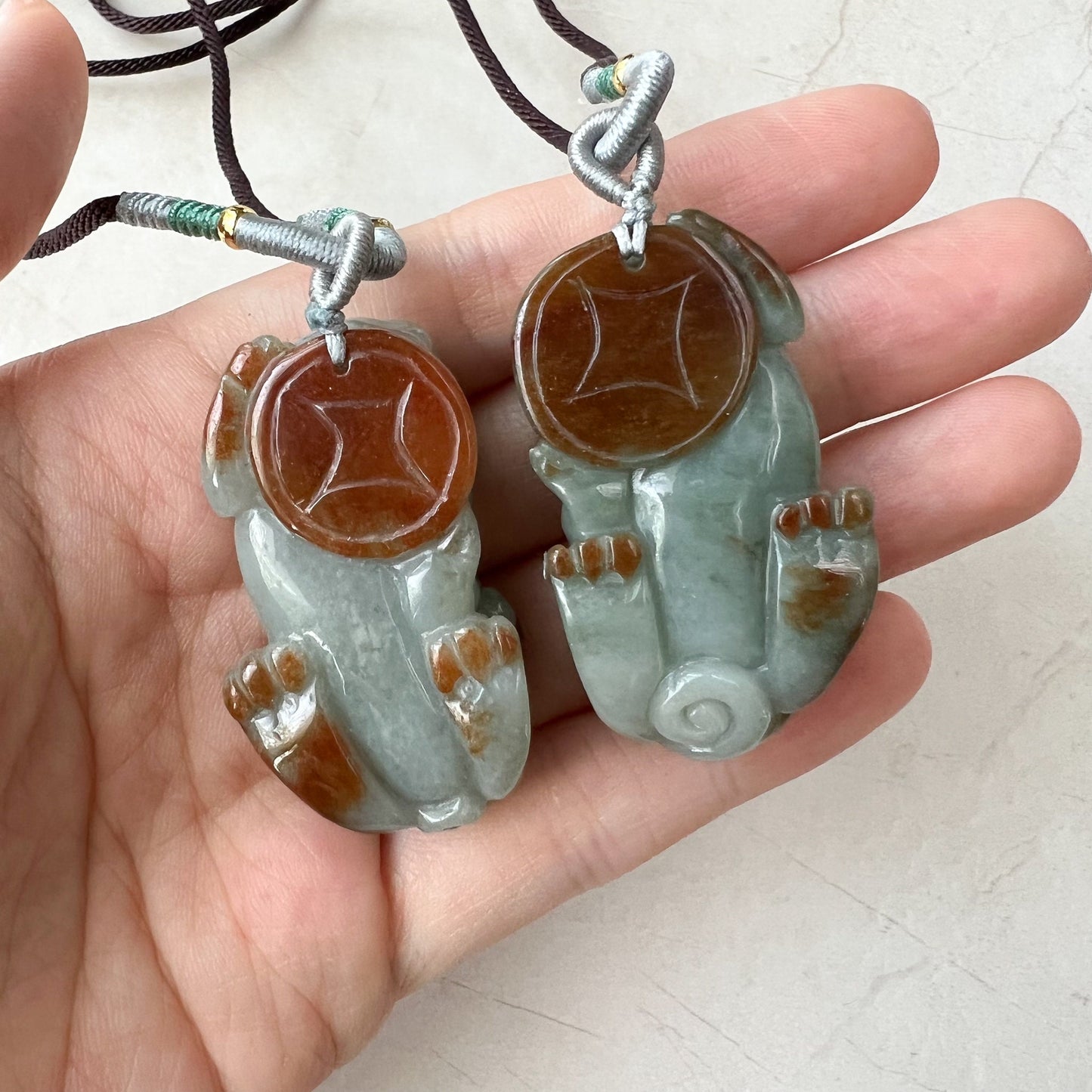 Pair Jadeite Jade Pi Xiu, Pi Yao, Red Green Jade, Dragon lion Chinese Carved Pendant, YJ-0322-0350874 - AriaDesignCollection