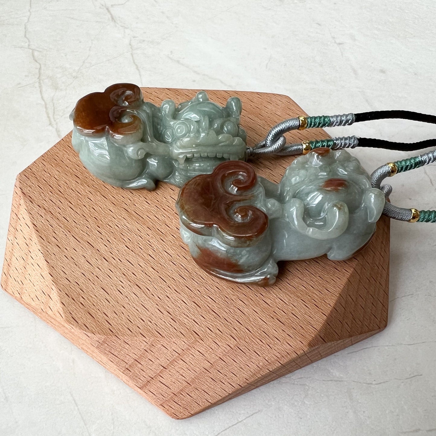 Pair Jadeite Jade Pi Xiu, Pi Yao, Red Green Jade, Dragon lion Chinese Carved Pendant, YJ-0322-0350874 - AriaDesignCollection