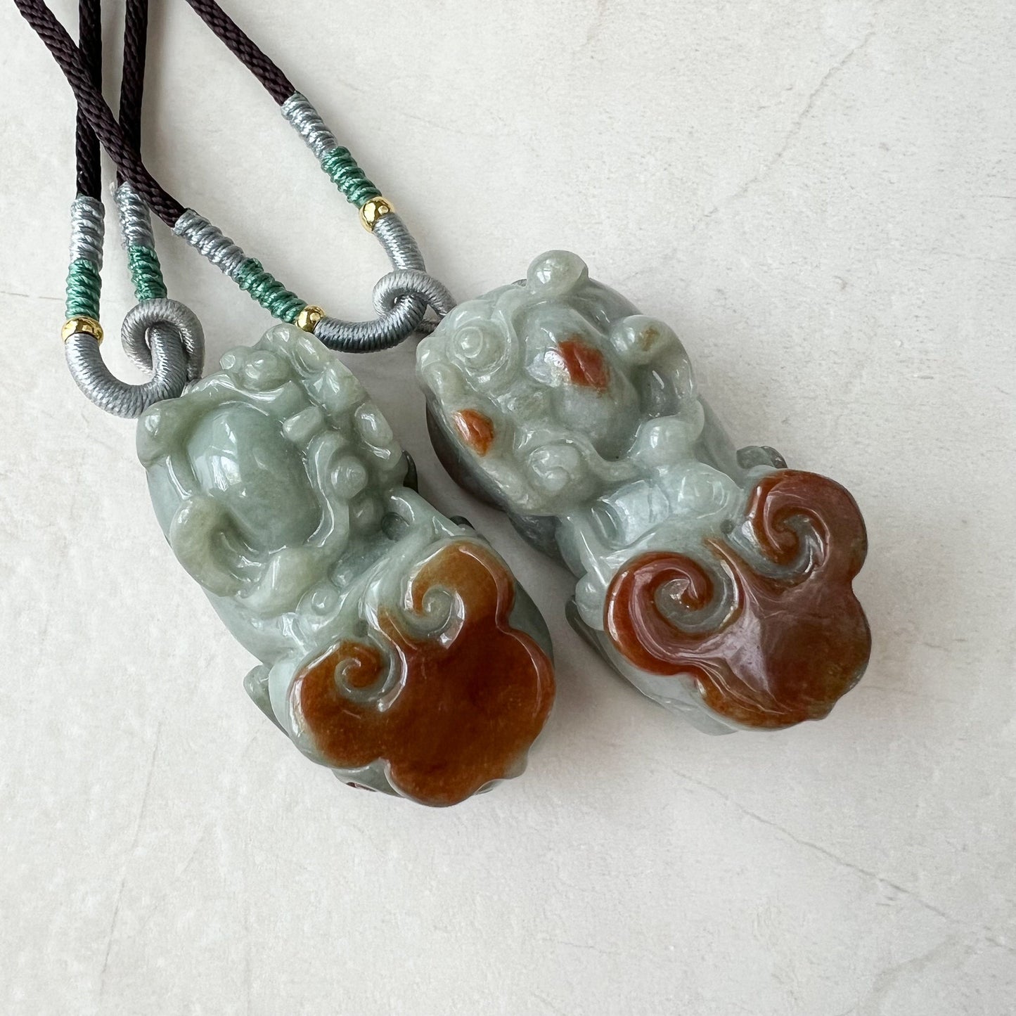 Pair Jadeite Jade Pi Xiu, Pi Yao, Red Green Jade, Dragon lion Chinese Carved Pendant, YJ-0322-0350874 - AriaDesignCollection