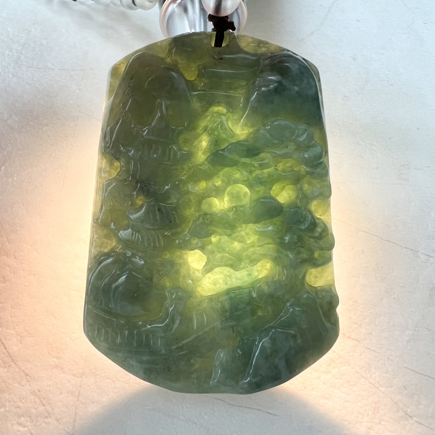 Jadeite Jade Landscape Tree Mountain Forest River Scenery Hand Carved Pendant Necklace, YJ-0921-0114512 - AriaDesignCollection