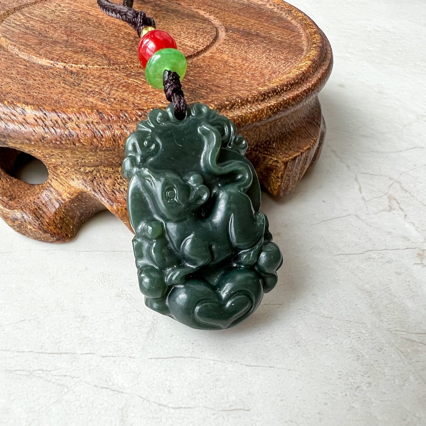 Rat Mouse Pendant, Dark Green and Black Nephrite Jade, Chinese Zodiac Carved Pendant Necklace with Jade Heart, RM-1221-1655128578 - AriaDesignCollection