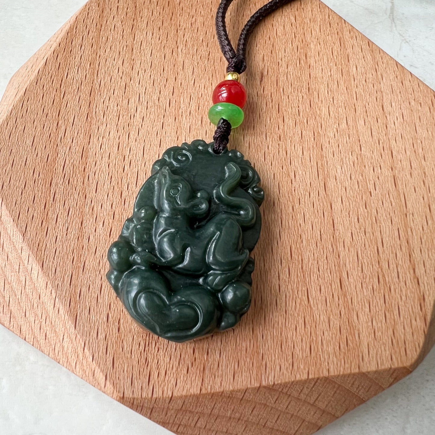 Rat Mouse Pendant, Dark Green and Black Nephrite Jade, Chinese Zodiac Carved Pendant Necklace with Jade Heart, RM-1221-1655128578 - AriaDesignCollection