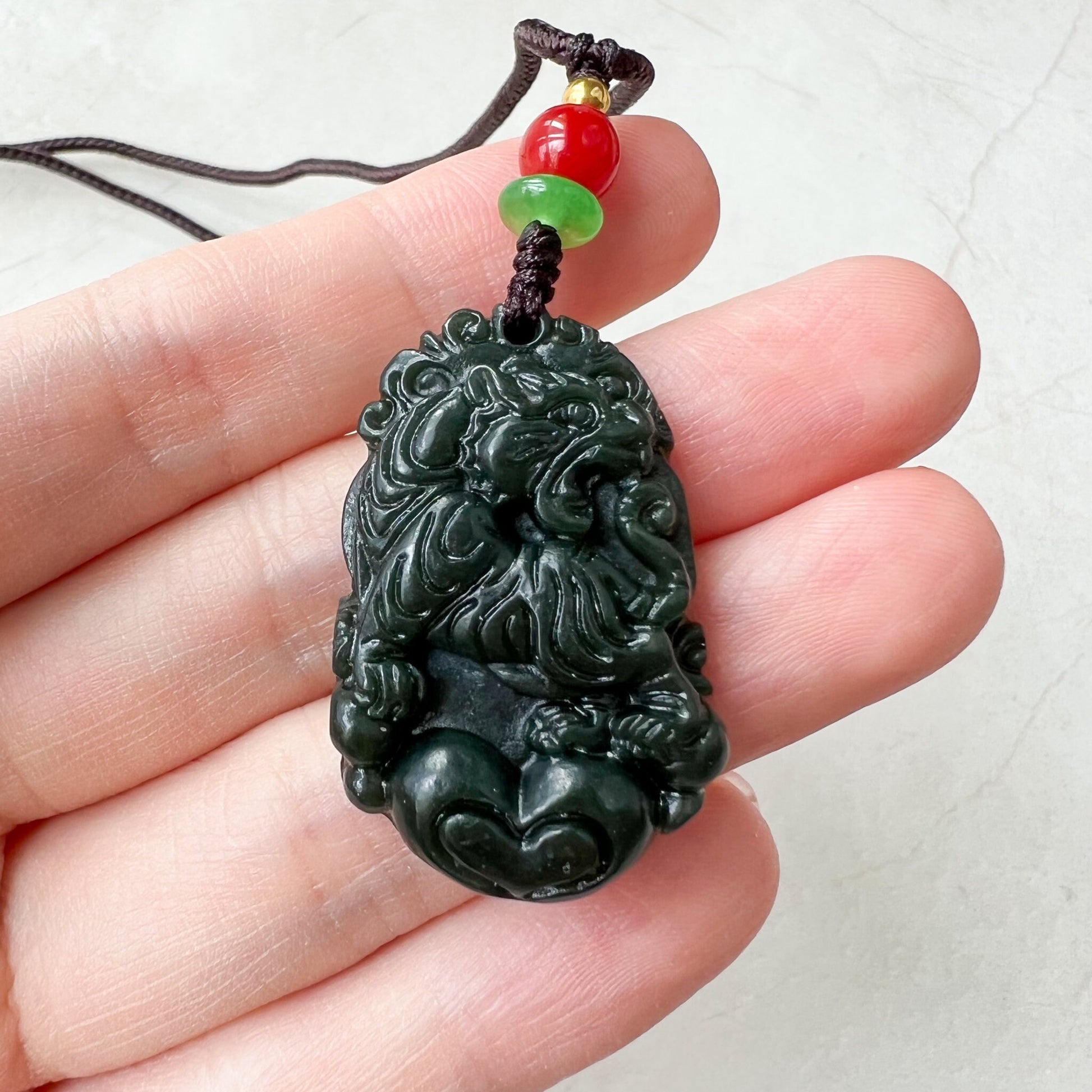 Nephrite Jade Tiger, Dark Green Jade, Chinese Zodiac Carved Jade Heart Pendant Necklace, RM-1221-1655130992 - AriaDesignCollection