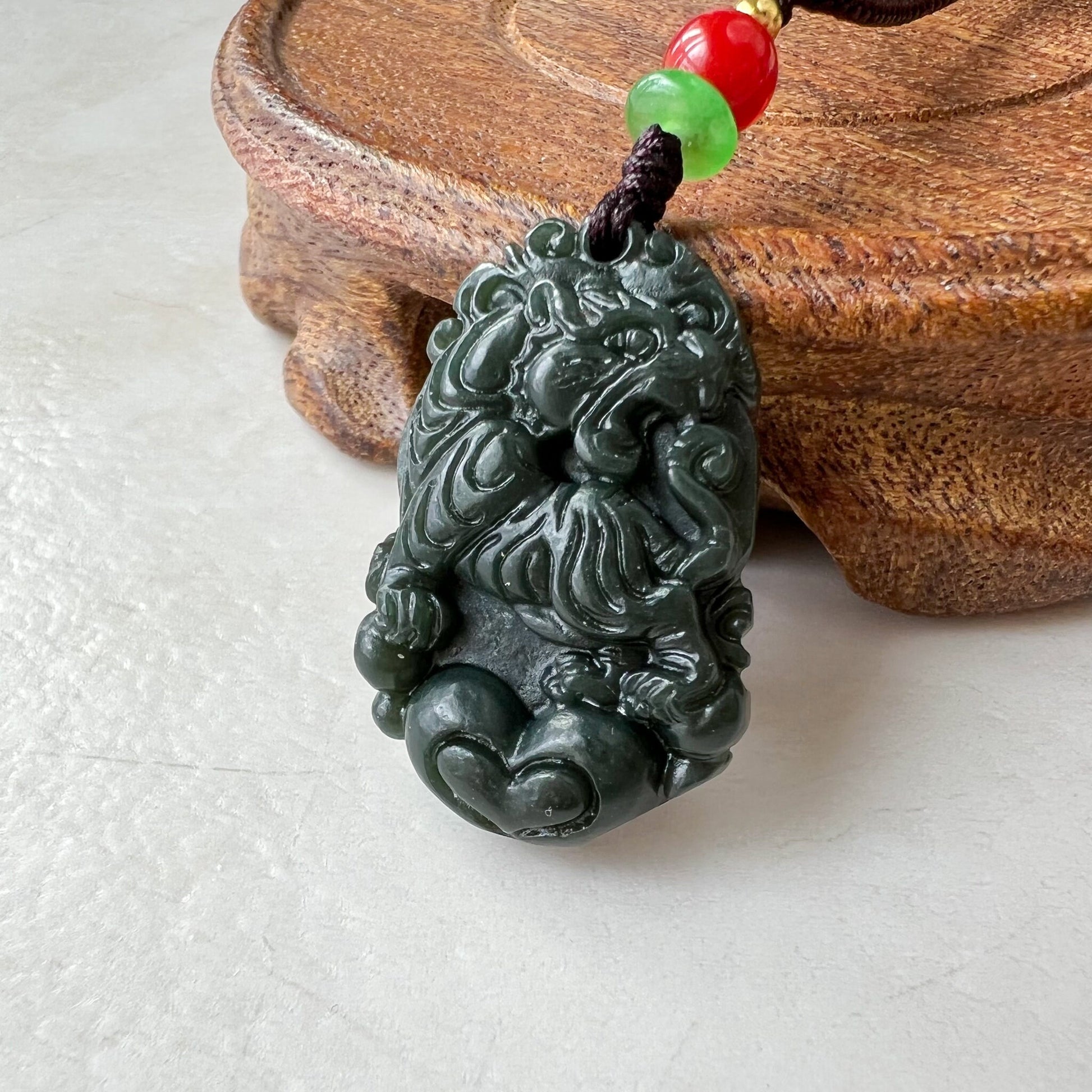 Nephrite Jade Tiger, Dark Green Jade, Chinese Zodiac Carved Jade Heart Pendant Necklace, RM-1221-1655130992 - AriaDesignCollection