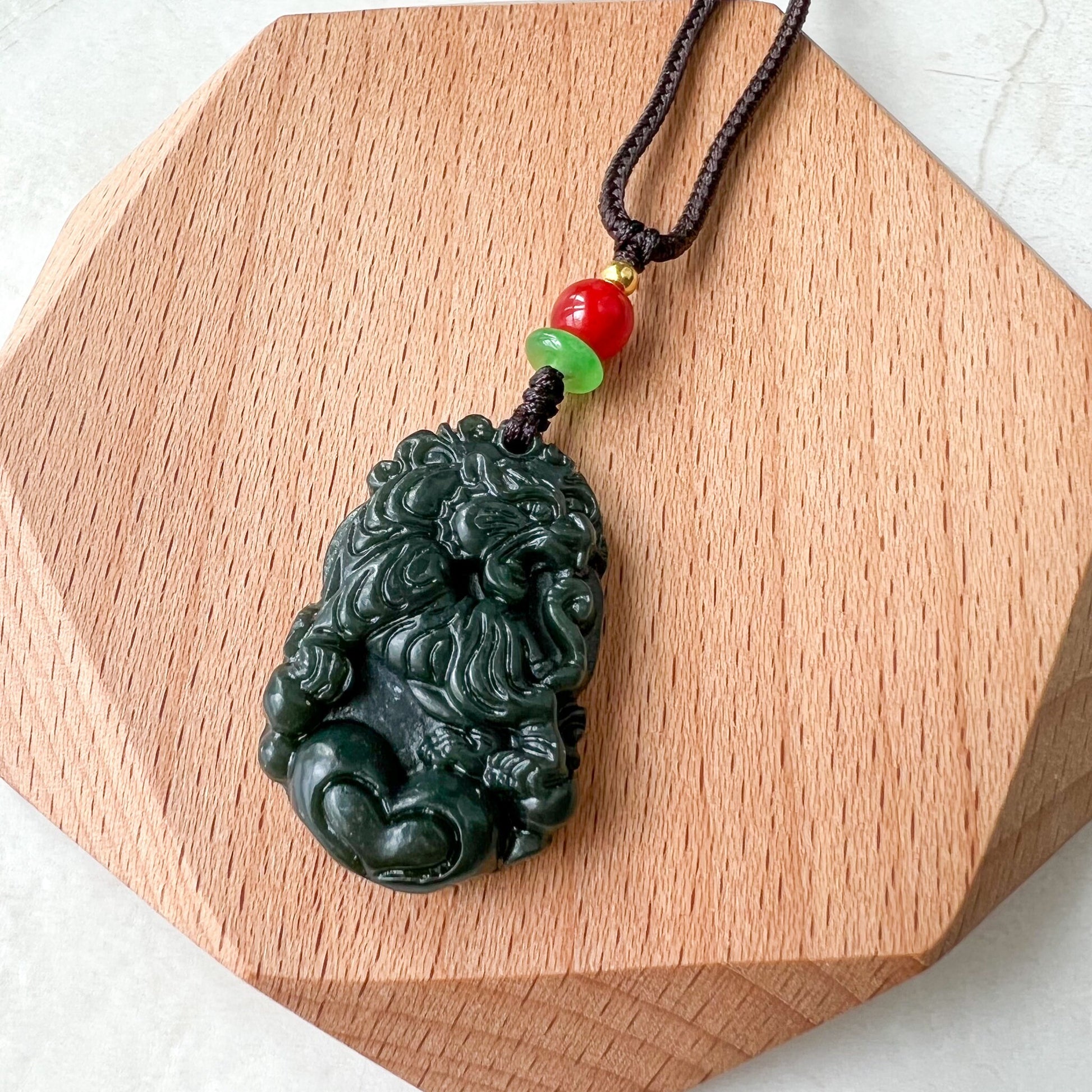 Nephrite Jade Tiger, Dark Green Jade, Chinese Zodiac Carved Jade Heart Pendant Necklace, RM-1221-1655130992 - AriaDesignCollection