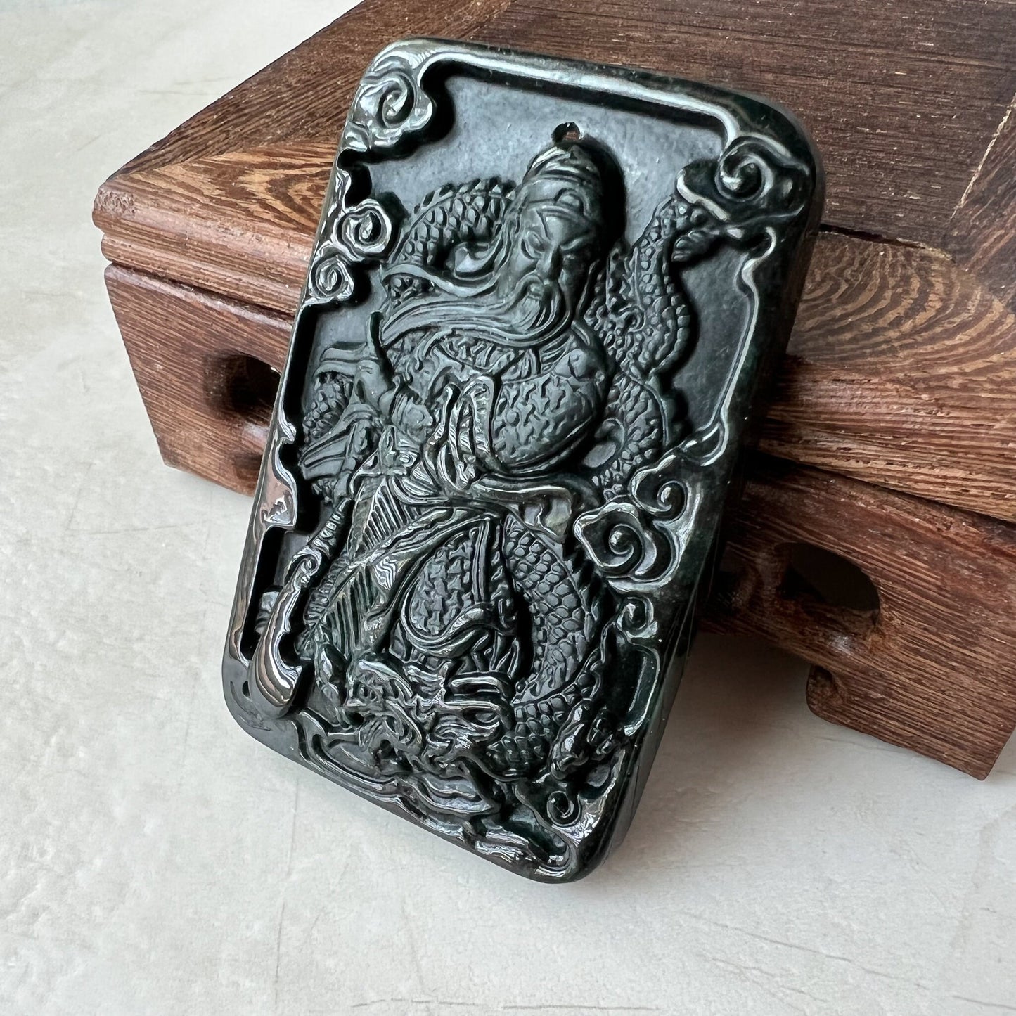 Black Jadeite Jade Omphacite Guan Yu Guan Gong Carved Pendant Necklace, LGG-1221-1657013362 - AriaDesignCollection