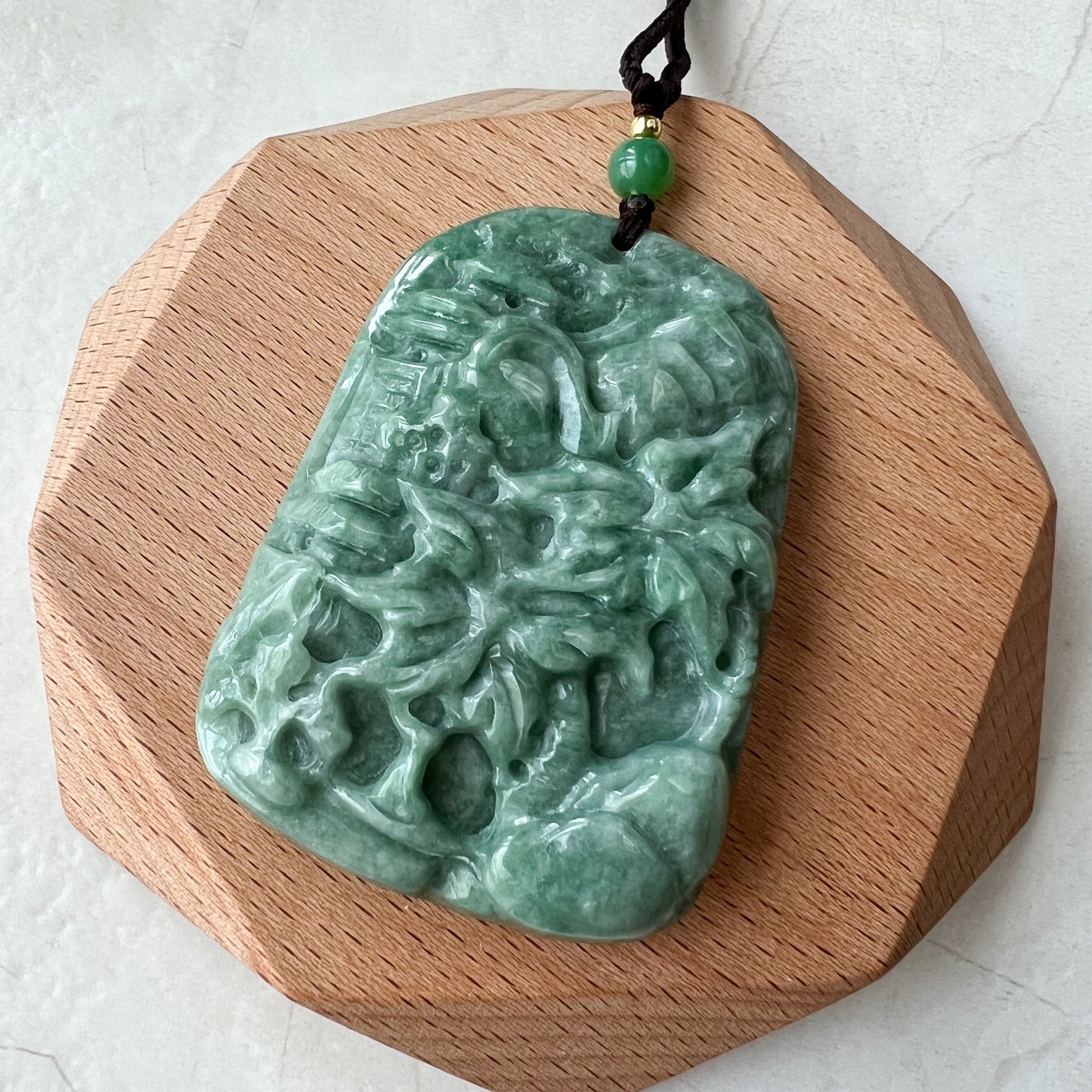 Jadeite Jade Landscape, Hawaiian style, Tree Mountain Forest River Scenery Hand Carved Pendant Necklace, YJ-0921-0108244 - AriaDesignCollection