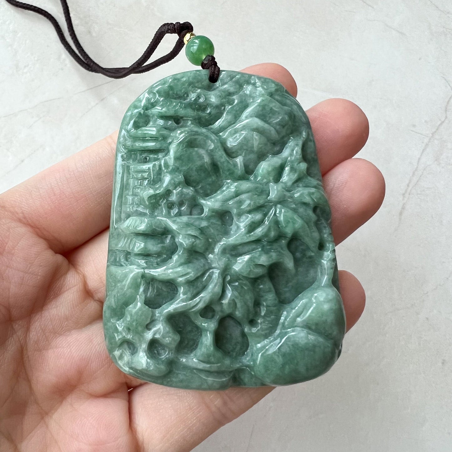 Jadeite Jade Landscape, Hawaiian style, Tree Mountain Forest River Scenery Hand Carved Pendant Necklace, YJ-0921-0108244 - AriaDesignCollection
