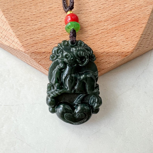 Sheep Goat Ram Chinese Zodiac Carved, Dark Green Nephrite Jade Pendant Necklace, RM-1221-1655274295 - AriaDesignCollection