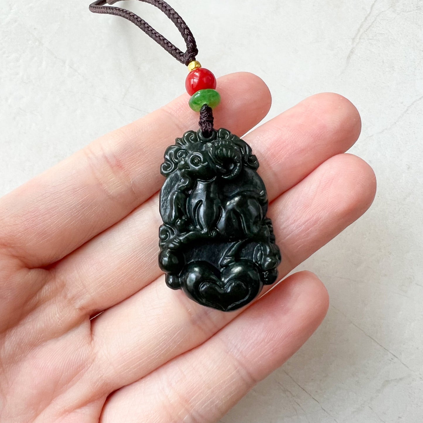 Sheep Goat Ram Chinese Zodiac Carved, Dark Green Nephrite Jade Pendant Necklace, RM-1221-1655274295 - AriaDesignCollection