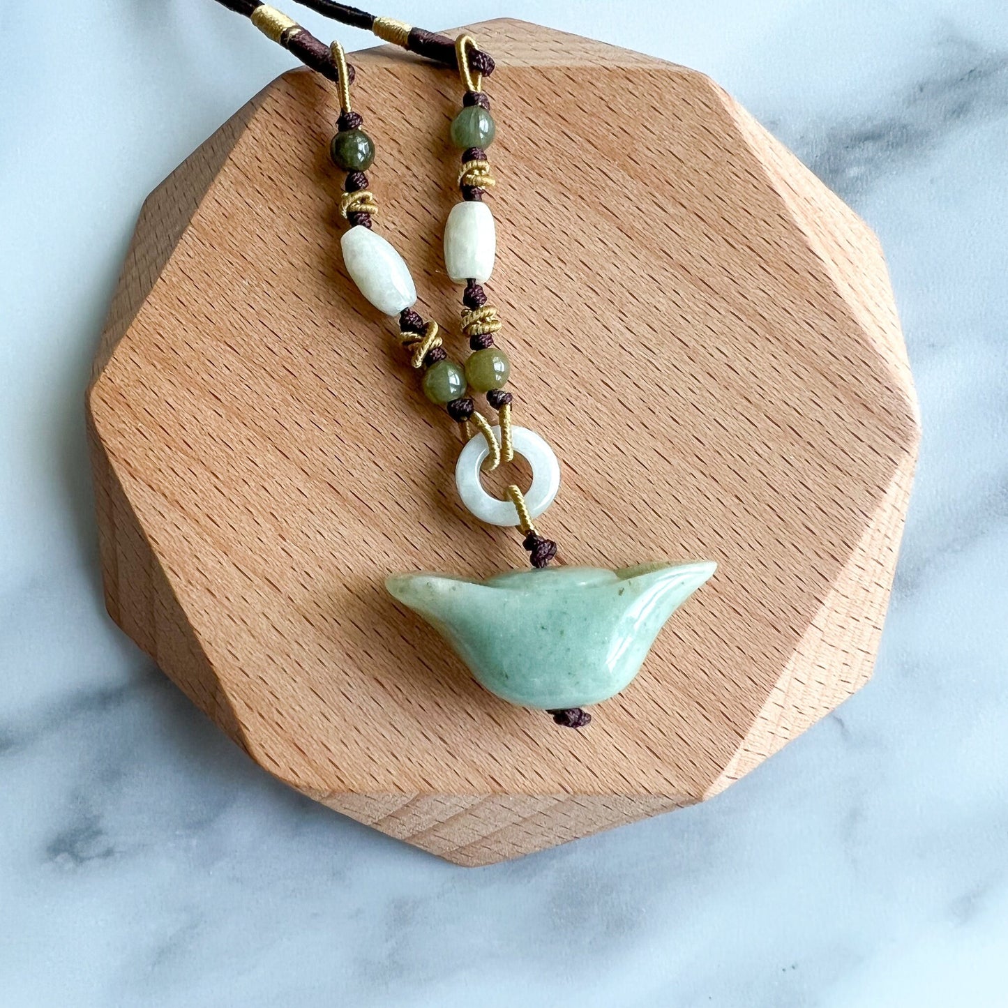 Jadeite Jade Wealth Charm, Ancient Ingot, 元宝, Hand Carved Jade Necklace, YW-0110-1655326212 - AriaDesignCollection