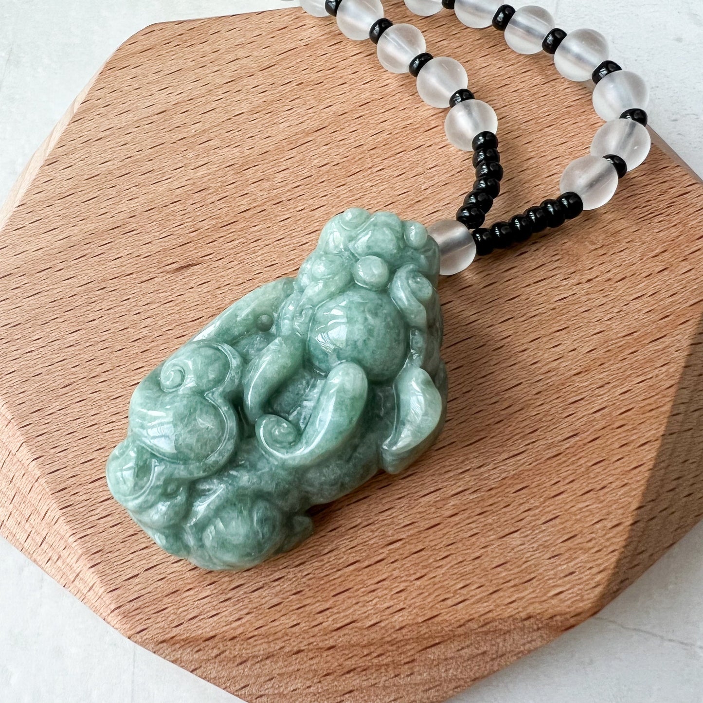 Green Jadeite Jade, Dragon Pixiu Pi Xiu, 貔貅, Right Side Pendant, Dragon Chinese Carved Pendant, YJ-0622-0362012-1 - AriaDesignCollection