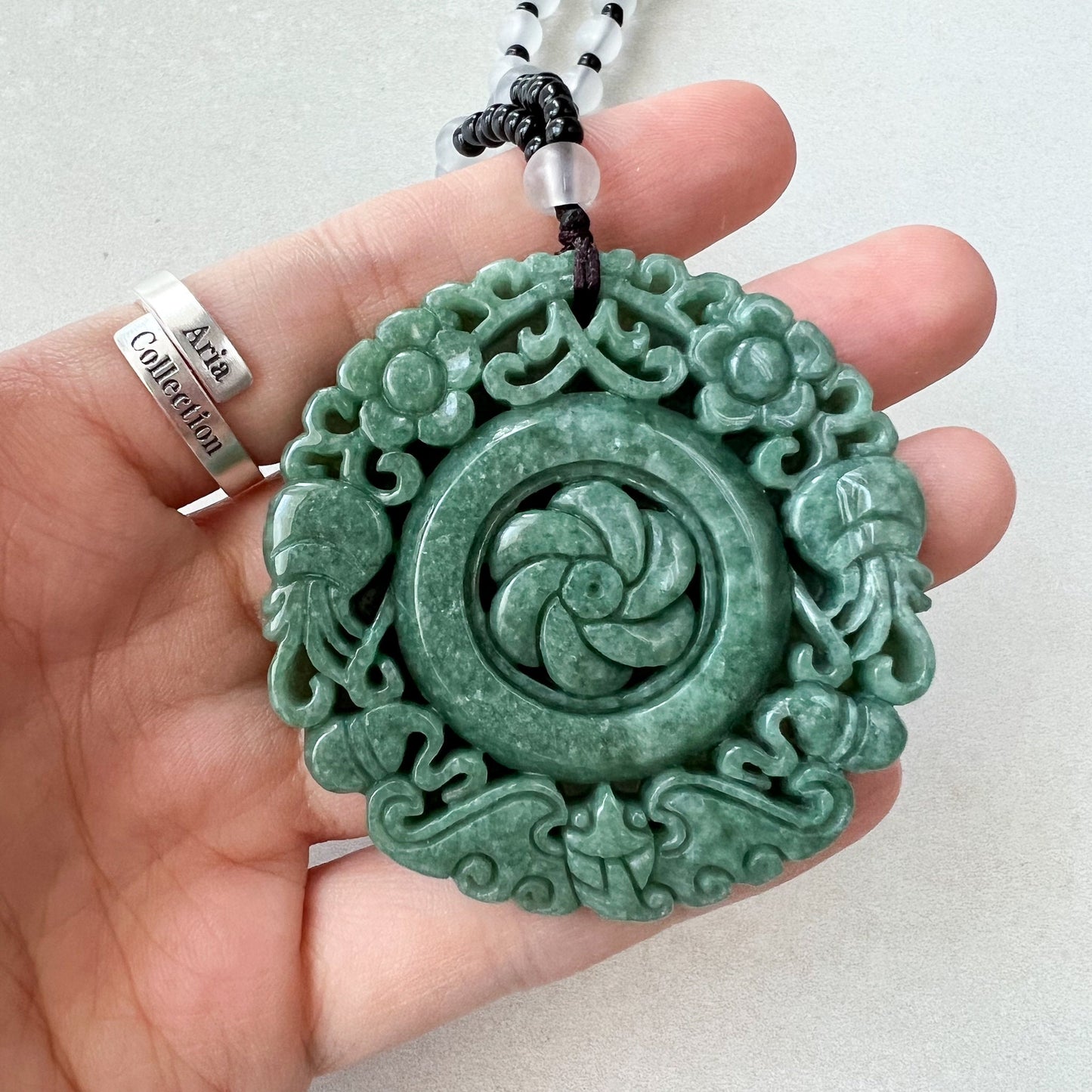 Large Green Jadeite Jade Flower Swirl Necklace, YJ-0622-0441823 - AriaDesignCollection