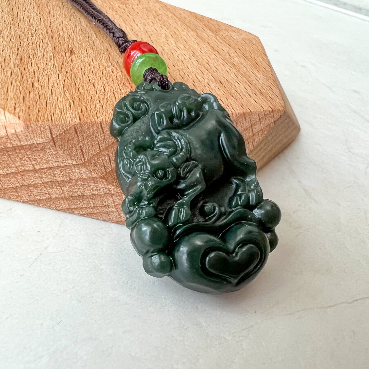 Dark Green Nephrite Jade Ox Bull Cow Chinese Zodiac Carved Necklace, RM-1221-1657819249 - AriaDesignCollection
