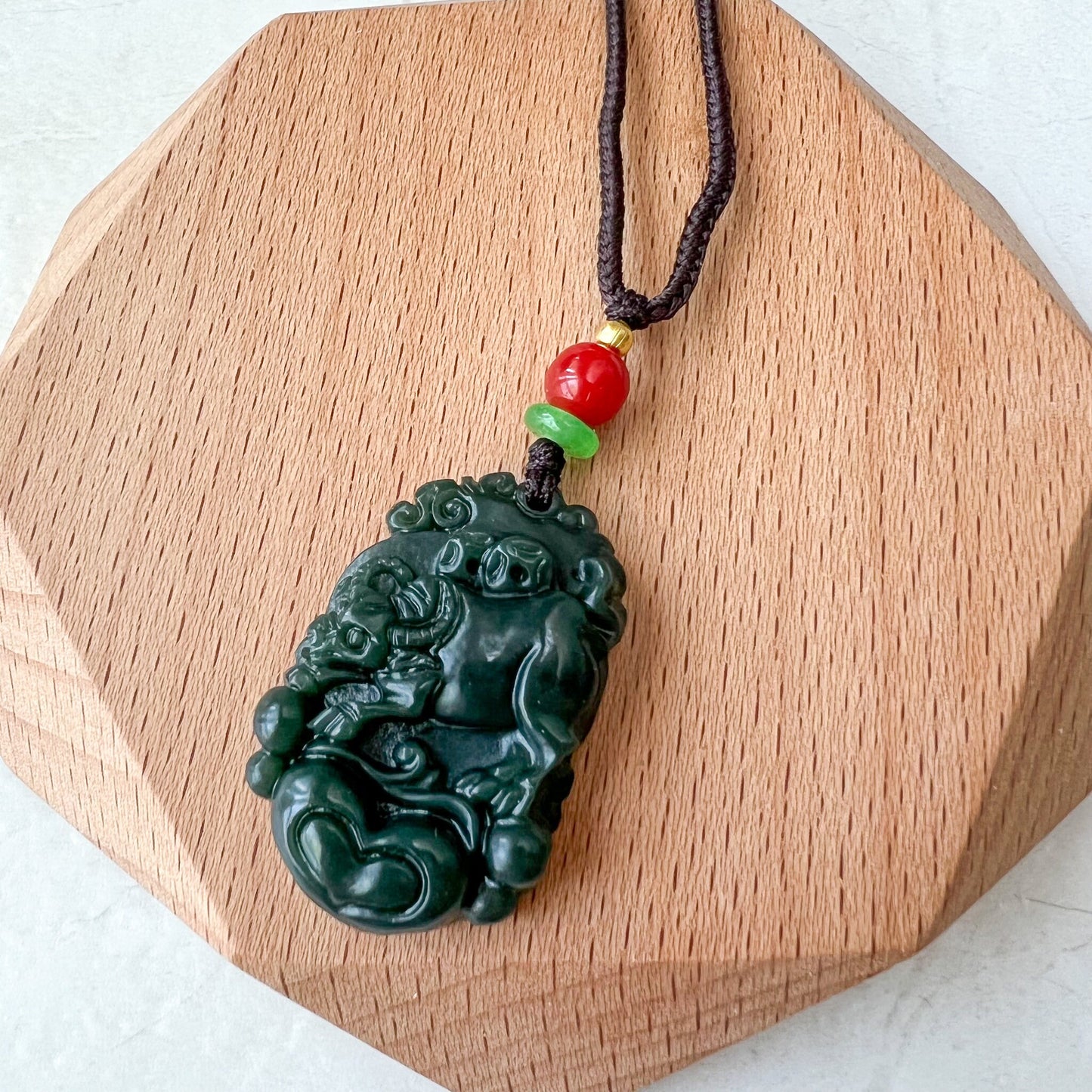 Dark Green Nephrite Jade Ox Bull Cow Chinese Zodiac Carved Necklace, RM-1221-1657819249 - AriaDesignCollection