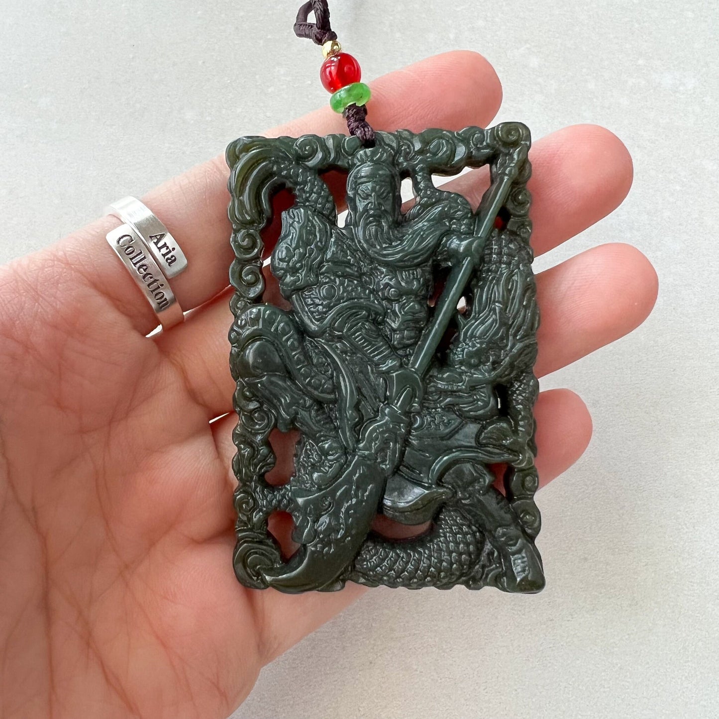 Nephrite Jade Guan Yu Guan Gong Carved Pendant Necklace, Dark Green Jade, 关公, RM-1221-1657824018 - AriaDesignCollection