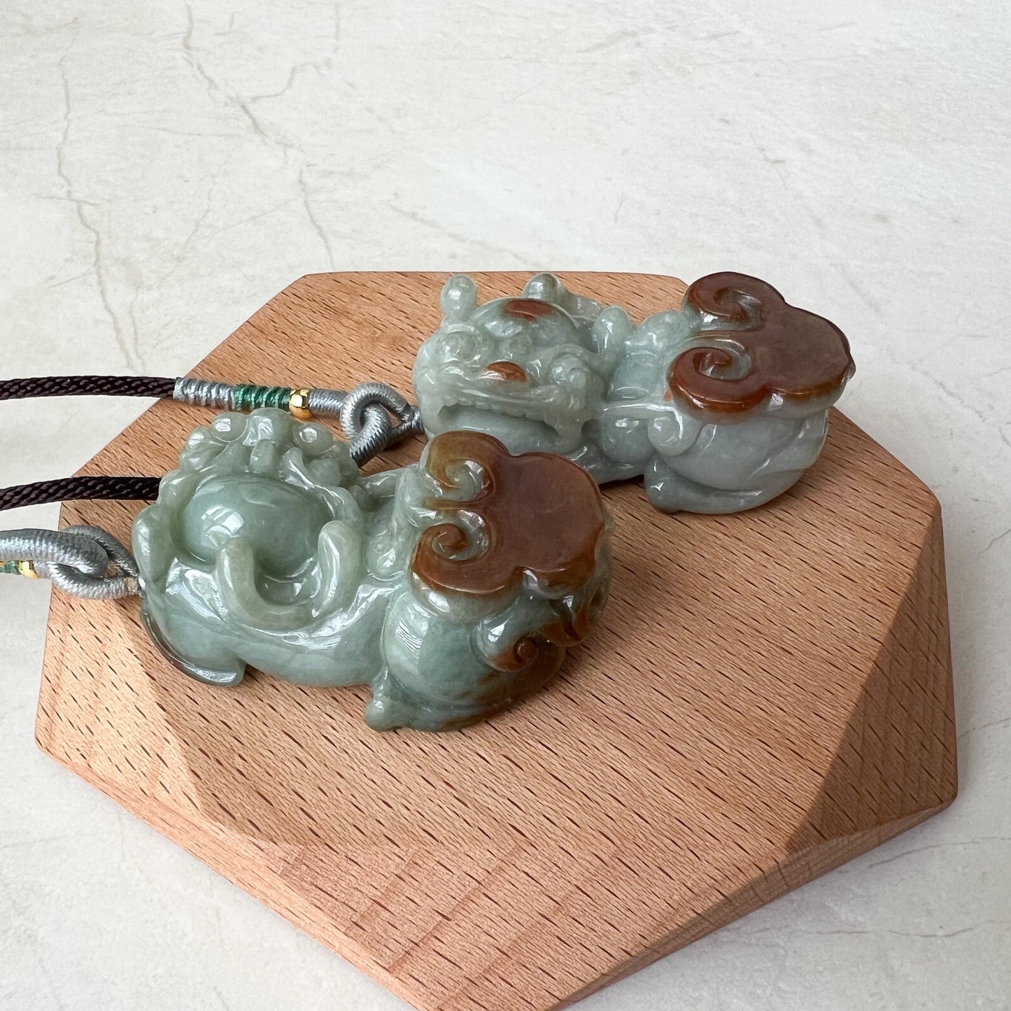 Pair Jadeite Jade Pi Xiu, Pi Yao, Red Green Jade, Dragon lion Chinese Carved Pendant, YJ-0322-0350874 - AriaDesignCollection