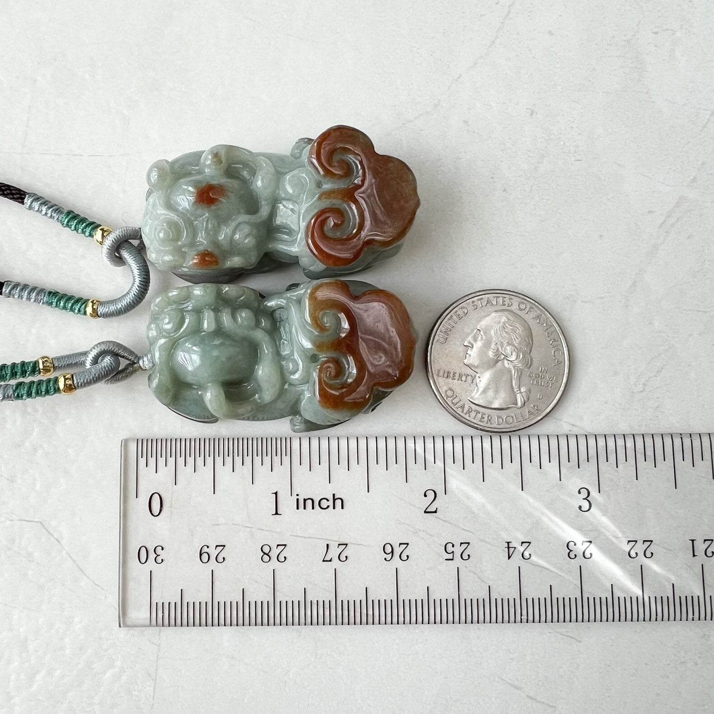 Pair Jadeite Jade Pi Xiu, Pi Yao, Red Green Jade, Dragon lion Chinese Carved Pendant, YJ-0322-0350874 - AriaDesignCollection