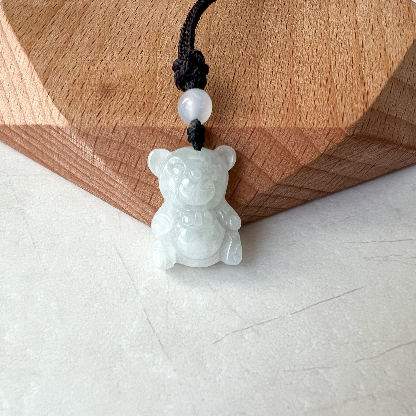 Icy White Jadeite Jade Teddy Bear Hand Carved Necklace, BNN-0622-1656513985 - AriaDesignCollection