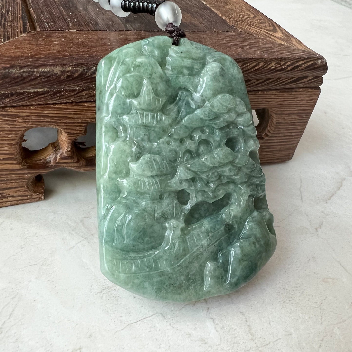Jadeite Jade Landscape Tree Mountain Forest River Scenery Hand Carved Pendant Necklace, YJ-0921-0114512 - AriaDesignCollection