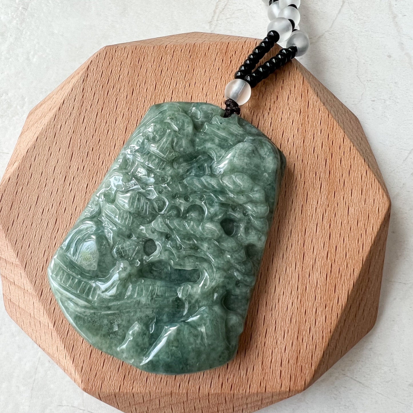 Jadeite Jade Landscape Tree Mountain Forest River Scenery Hand Carved Pendant Necklace, YJ-0921-0114512 - AriaDesignCollection