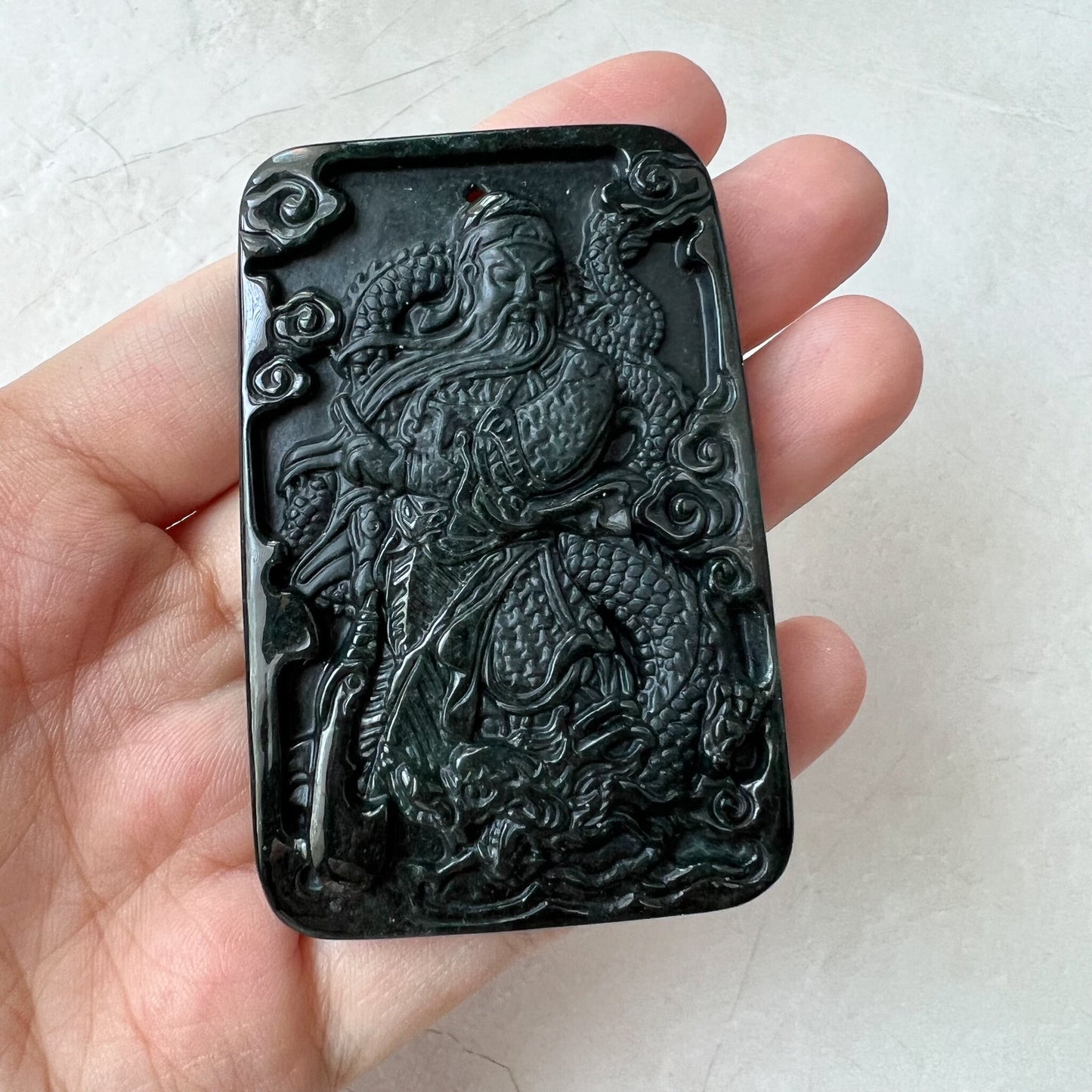Black Jadeite Jade Omphacite Guan Yu Guan Gong Carved Pendant Necklace, LGG-1221-1657013362 - AriaDesignCollection