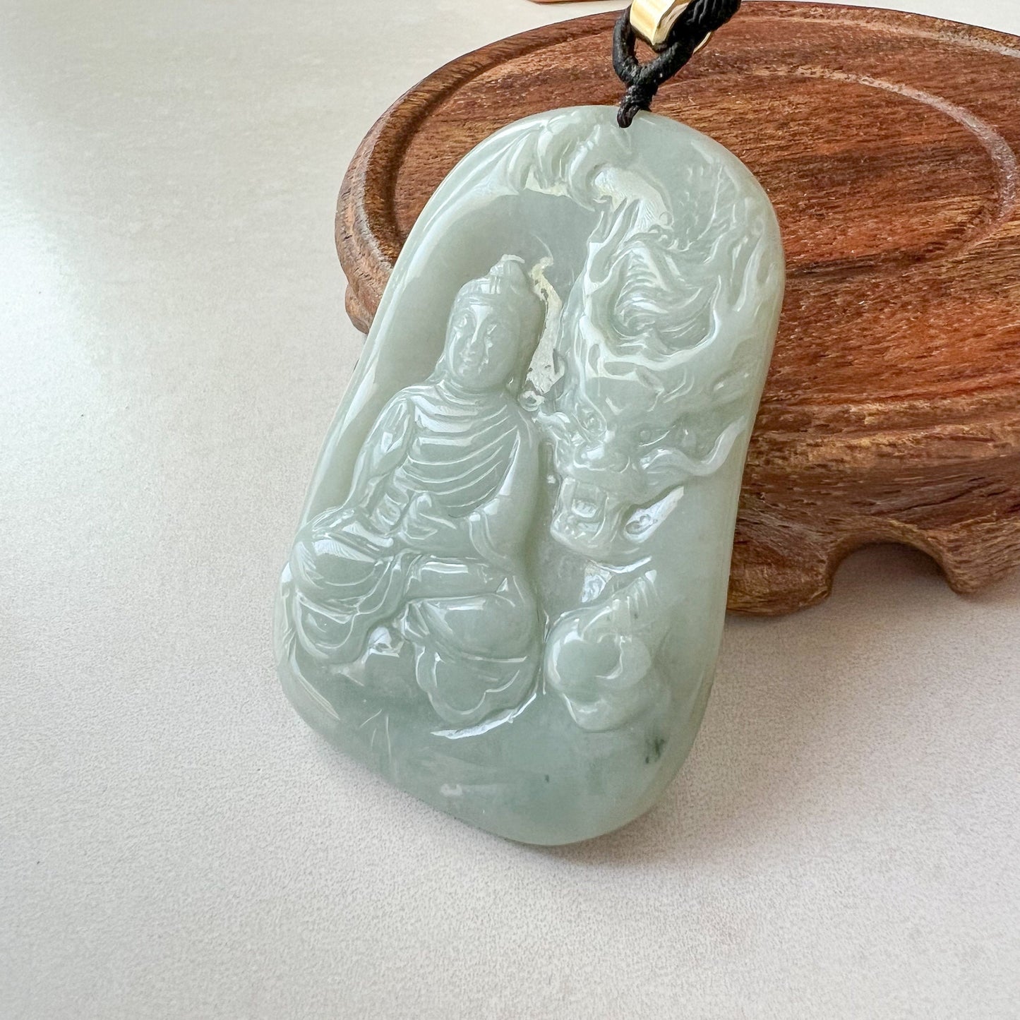Jadeite Jade Amitabha Buddha Amita Amida and Dragon, Green Carved Pendant Necklace, YJ-0622-0397564 - AriaDesignCollection