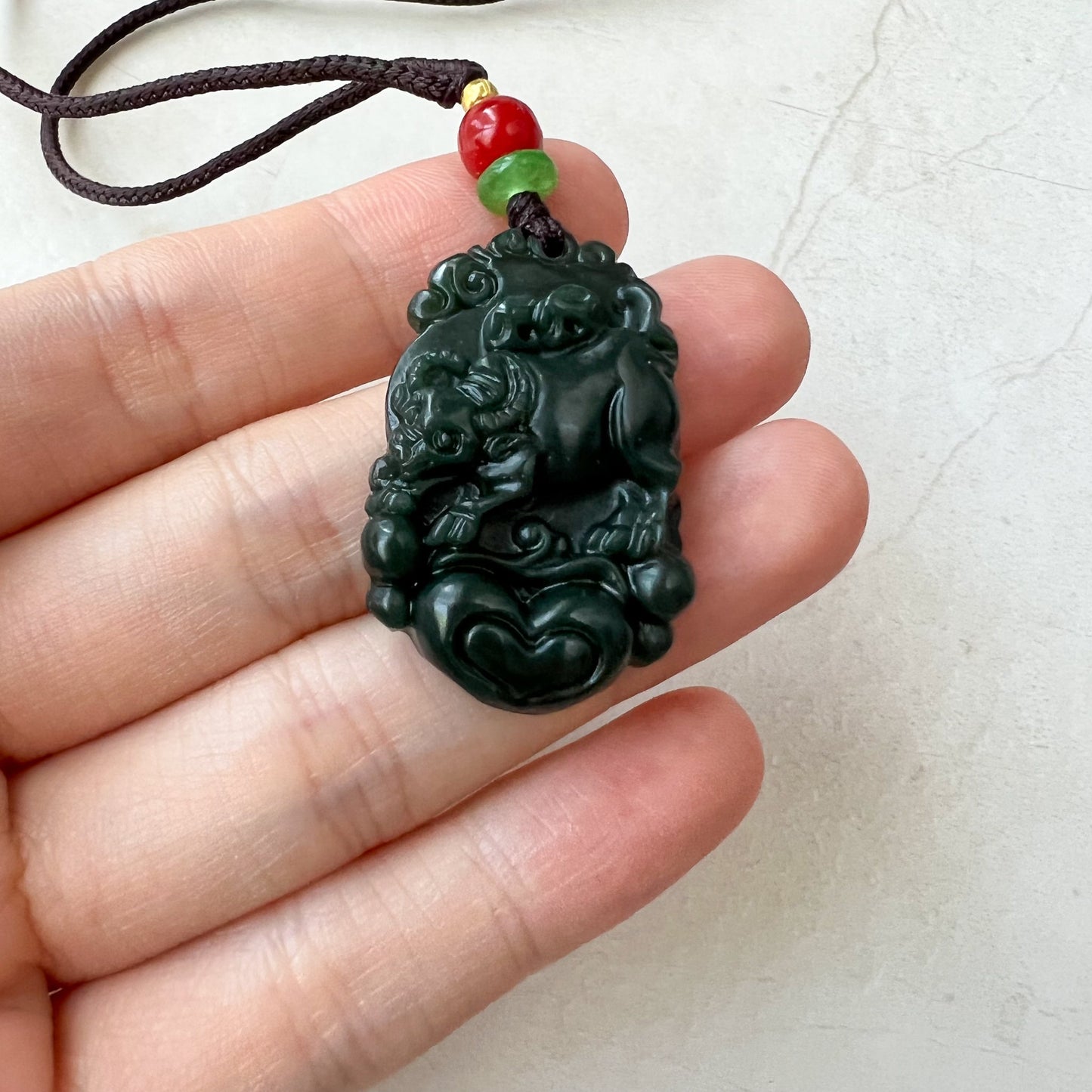 Dark Green Nephrite Jade Ox Bull Cow Chinese Zodiac Carved Necklace, RM-1221-1657819249 - AriaDesignCollection