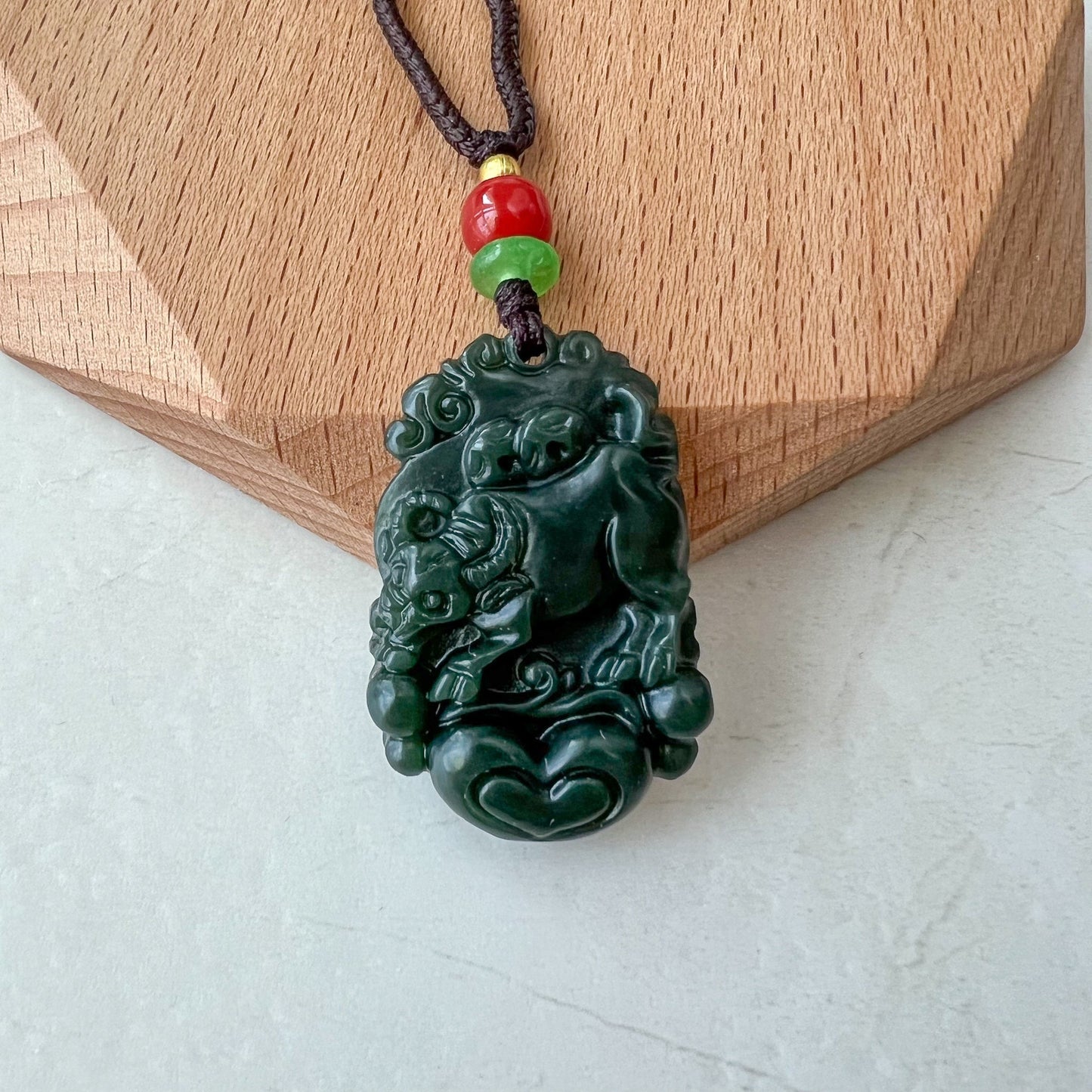 Dark Green Nephrite Jade Ox Bull Cow Chinese Zodiac Carved Necklace, RM-1221-1657819249 - AriaDesignCollection