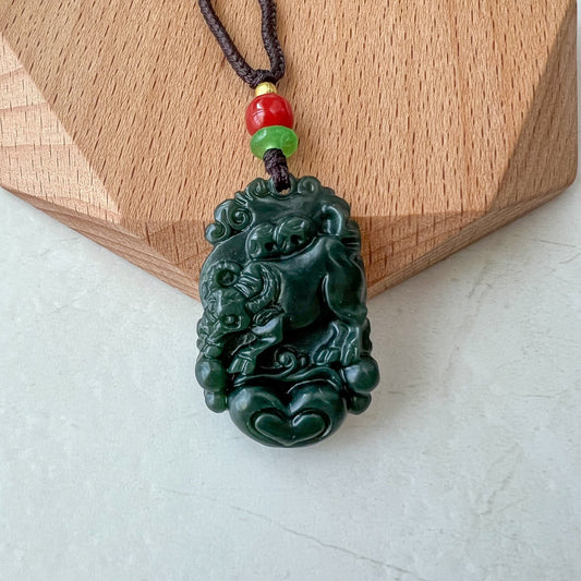 Dark Green Nephrite Jade Ox Bull Cow Chinese Zodiac Carved Necklace, RM-1221-1657819249 - AriaDesignCollection