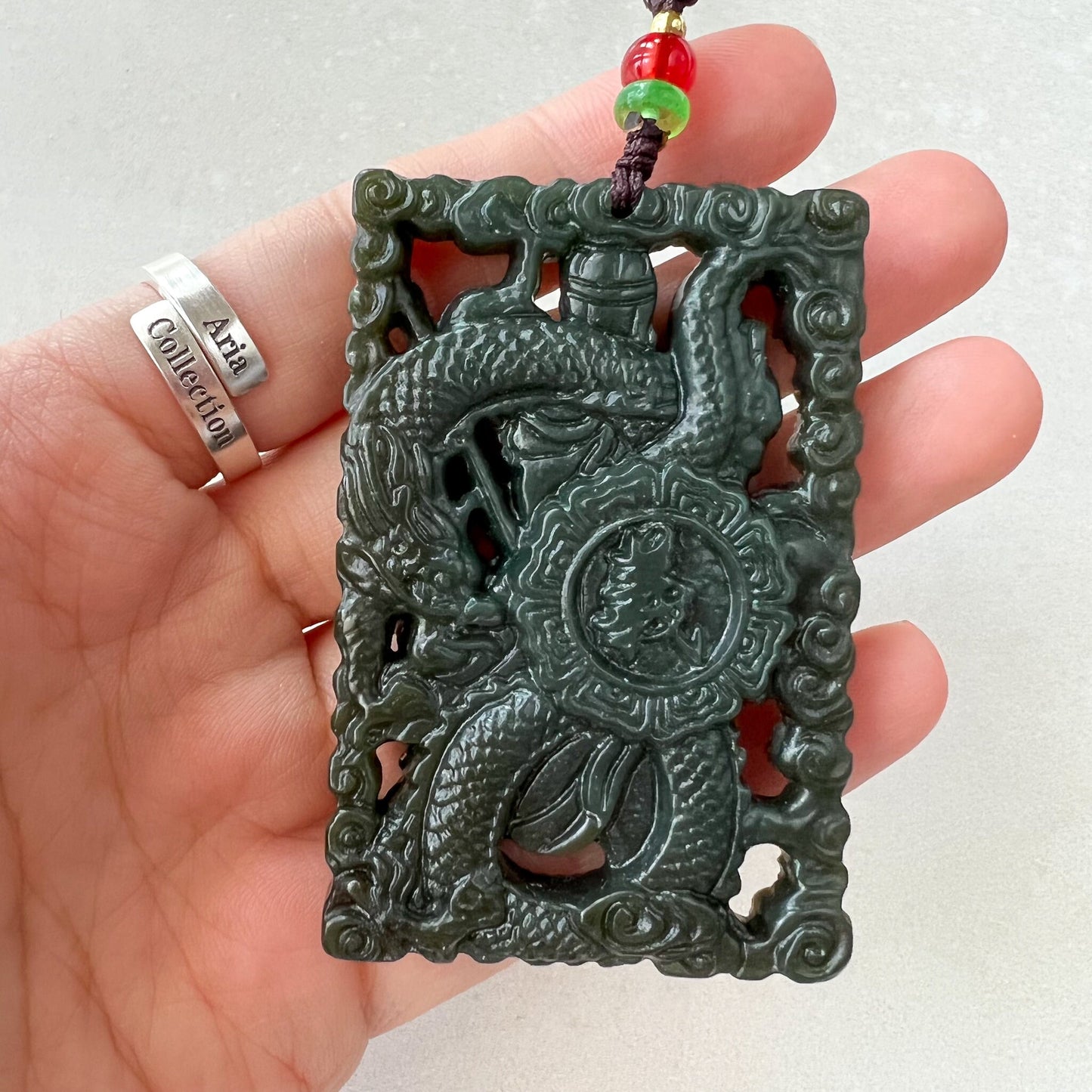 Nephrite Jade Guan Yu Guan Gong Carved Pendant Necklace, Dark Green Jade, 关公, RM-1221-1657824018 - AriaDesignCollection