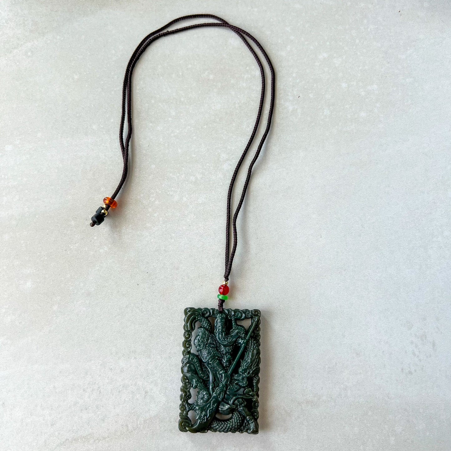 Nephrite Jade Guan Yu Guan Gong Carved Pendant Necklace, Dark Green Jade, 关公, RM-1221-1657824018 - AriaDesignCollection