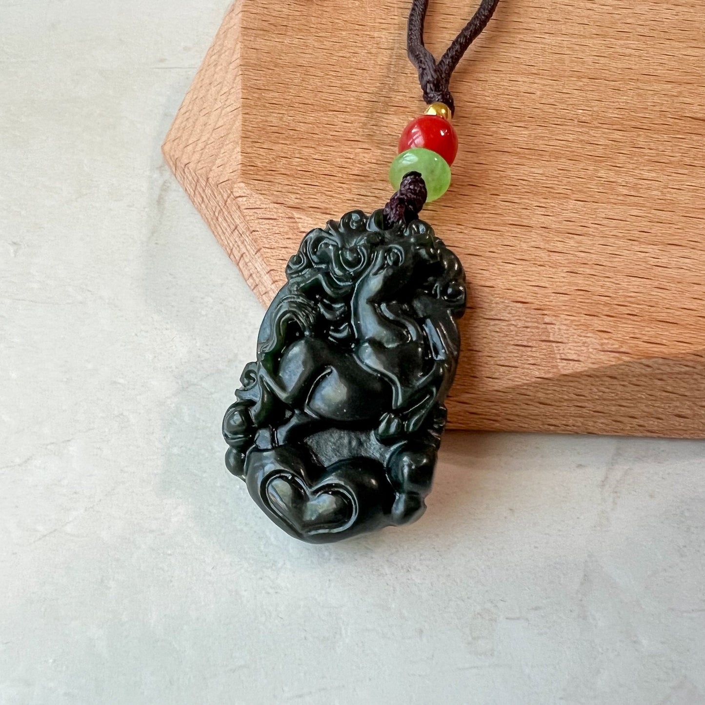 Dark Green Horse Nephrite Jade Chinese Zodiac Carved Pendant Necklace, RM-1221-1657826668 - AriaDesignCollection