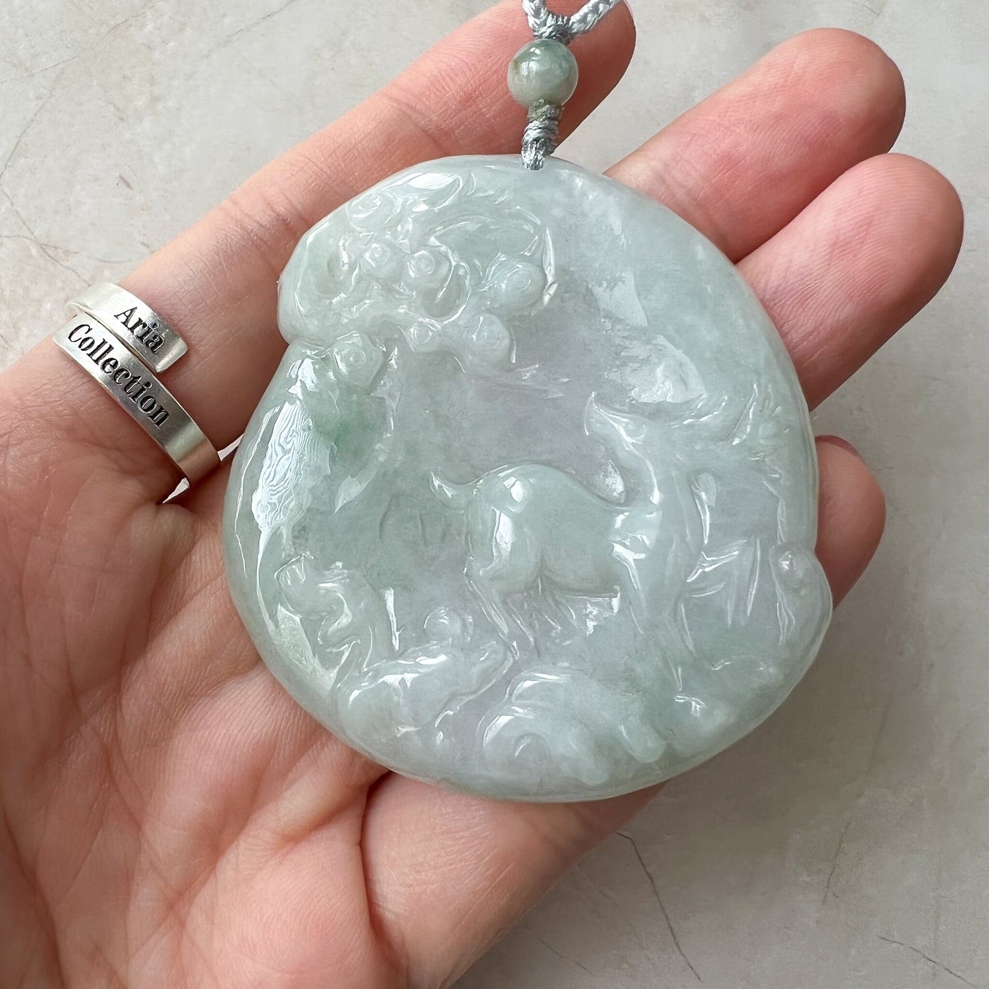 Jadeite Jade Deer in Forest Hand Carved Pendant Necklace, YJ-0622-0426838 - AriaDesignCollection