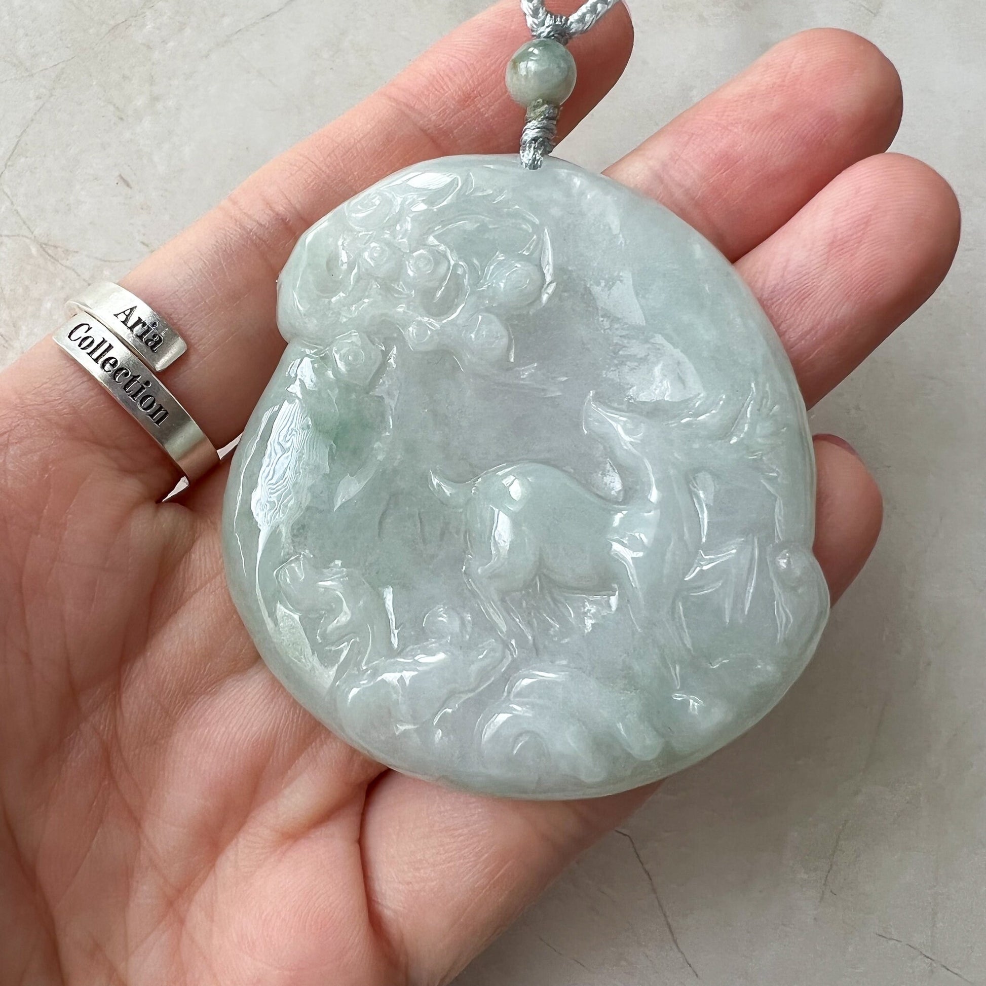 Jadeite Jade Deer in Forest Hand Carved Pendant Necklace, YJ-0622-0426838 - AriaDesignCollection