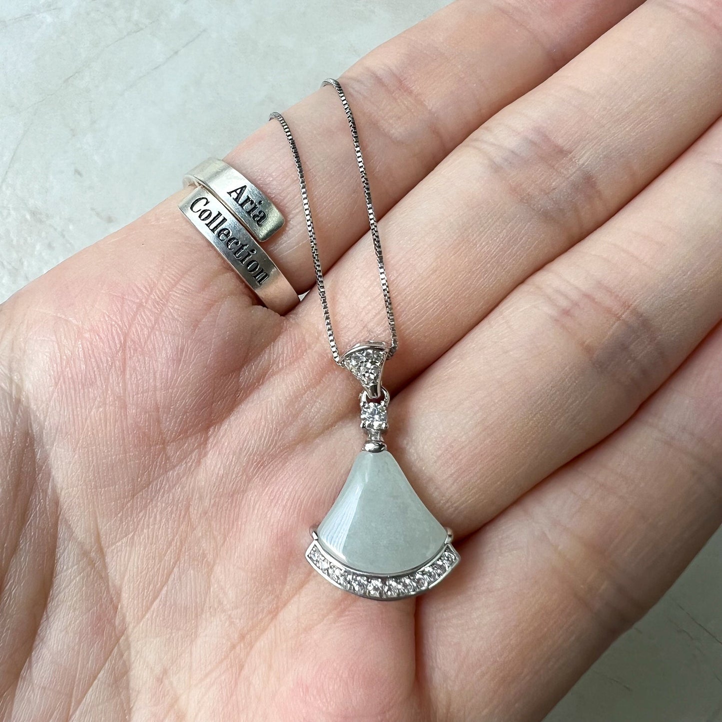 White Jadeite Jade Fan Skirt Sterling Silver Pendant, YS-0722-1660939686 - AriaDesignCollection