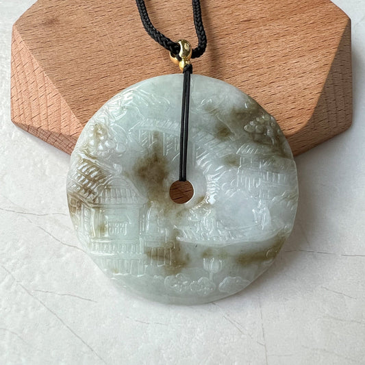 Jadeite Jade Landscape Mountain Forest River Scenery, Yellow Brown Jade, Hand Carved Pendant Necklace, YJ-0622-0427831 - AriaDesignCollection