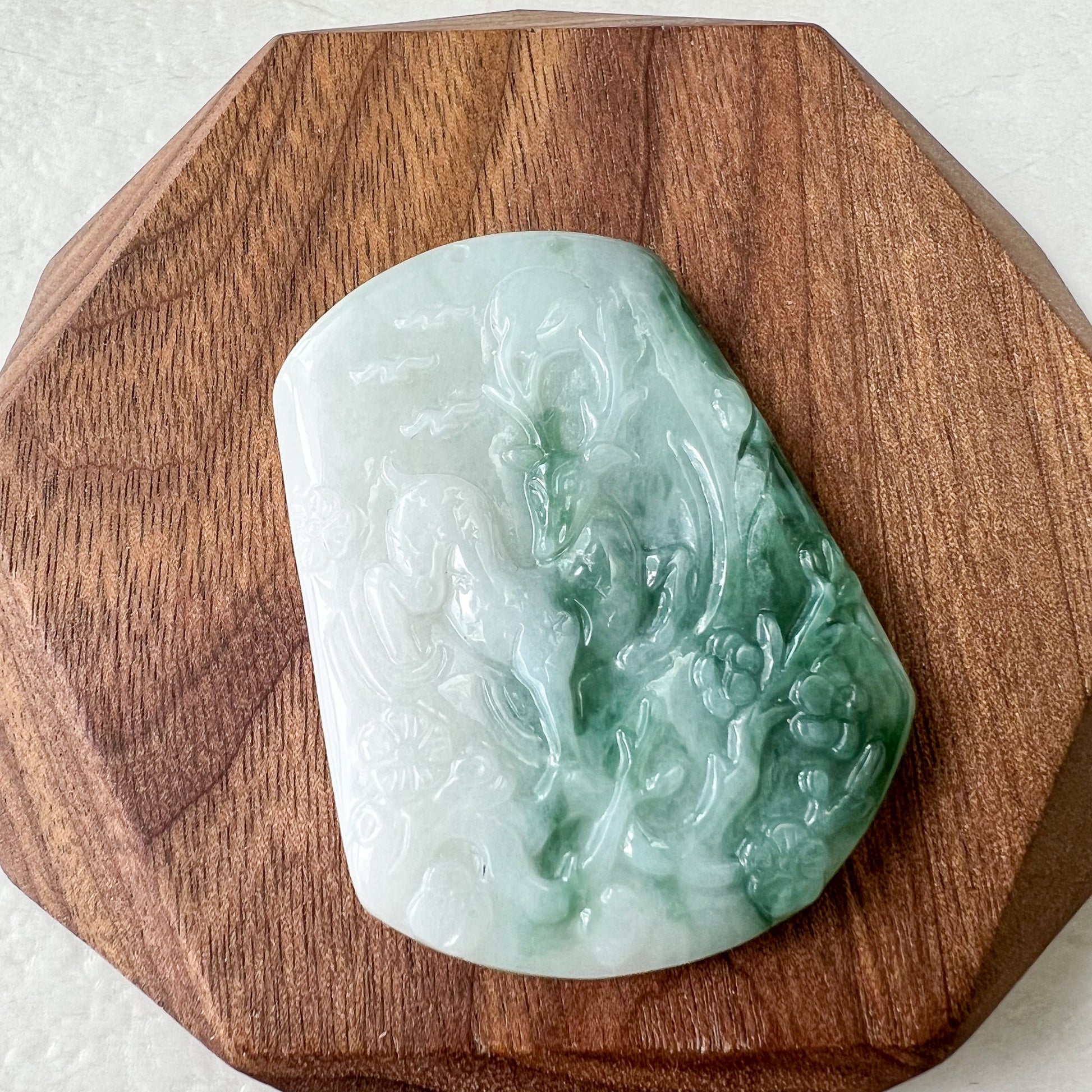 Green White Jadeite Jade Deer in Forest Hand Carved Pendant Necklace, YJ-0622-0379019 - AriaDesignCollection