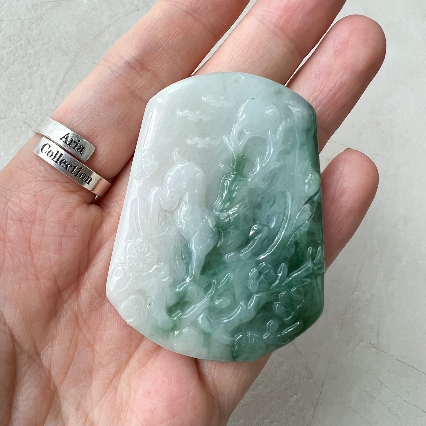 Green White Jadeite Jade Deer in Forest Hand Carved Pendant Necklace, YJ-0622-0379019 - AriaDesignCollection