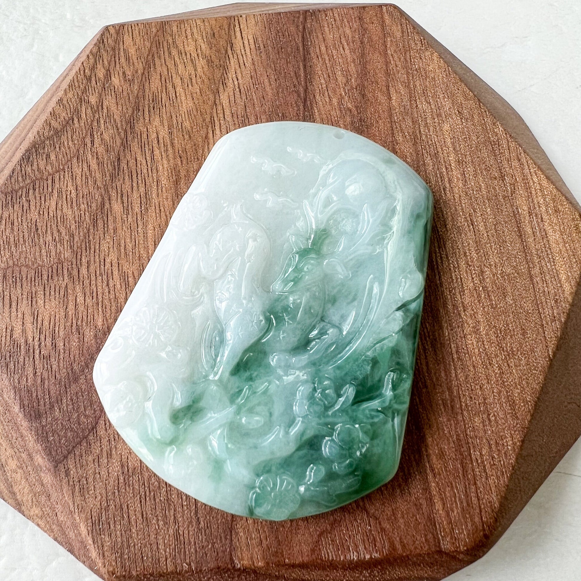 Green White Jadeite Jade Deer in Forest Hand Carved Pendant Necklace, YJ-0622-0379019 - AriaDesignCollection