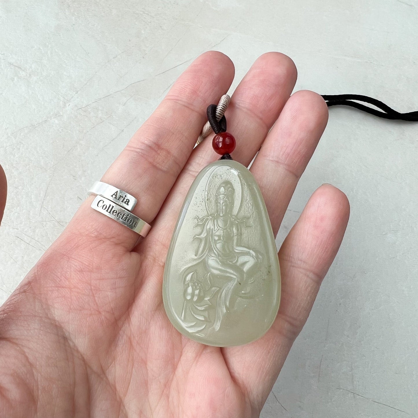 Light Green Yellow Nephrite Jade Guan Yin Necklace, Quan Am, , JS-0922-1667880614 - AriaDesignCollection