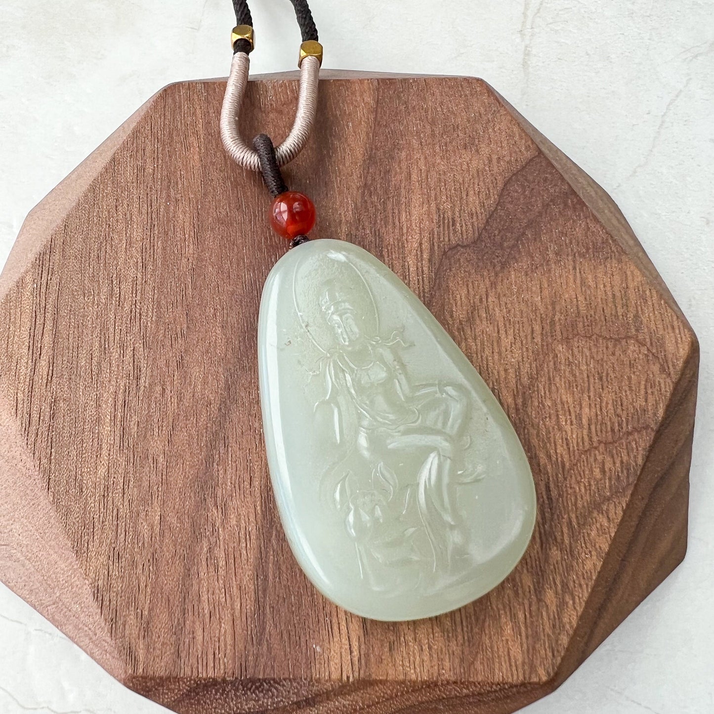 Light Green Yellow Nephrite Jade Guan Yin Necklace, Quan Am, , JS-0922-1667880614 - AriaDesignCollection
