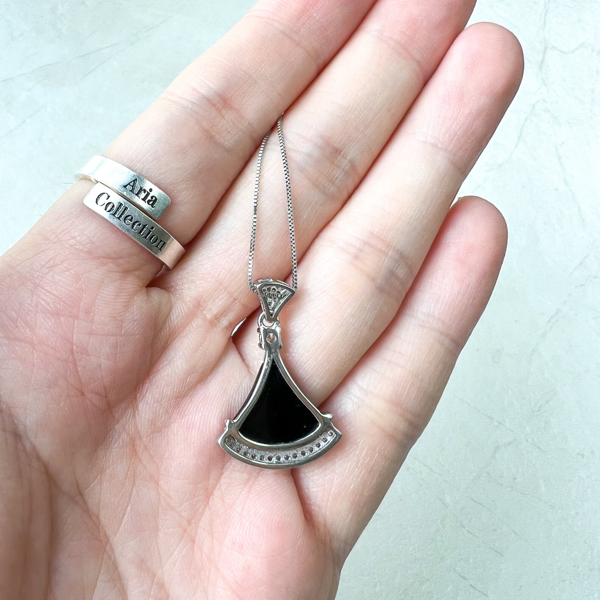 Black Onyx Agate Fan Skirt Sterling Silver Pendant, YS-0622-1668656844 - AriaDesignCollection