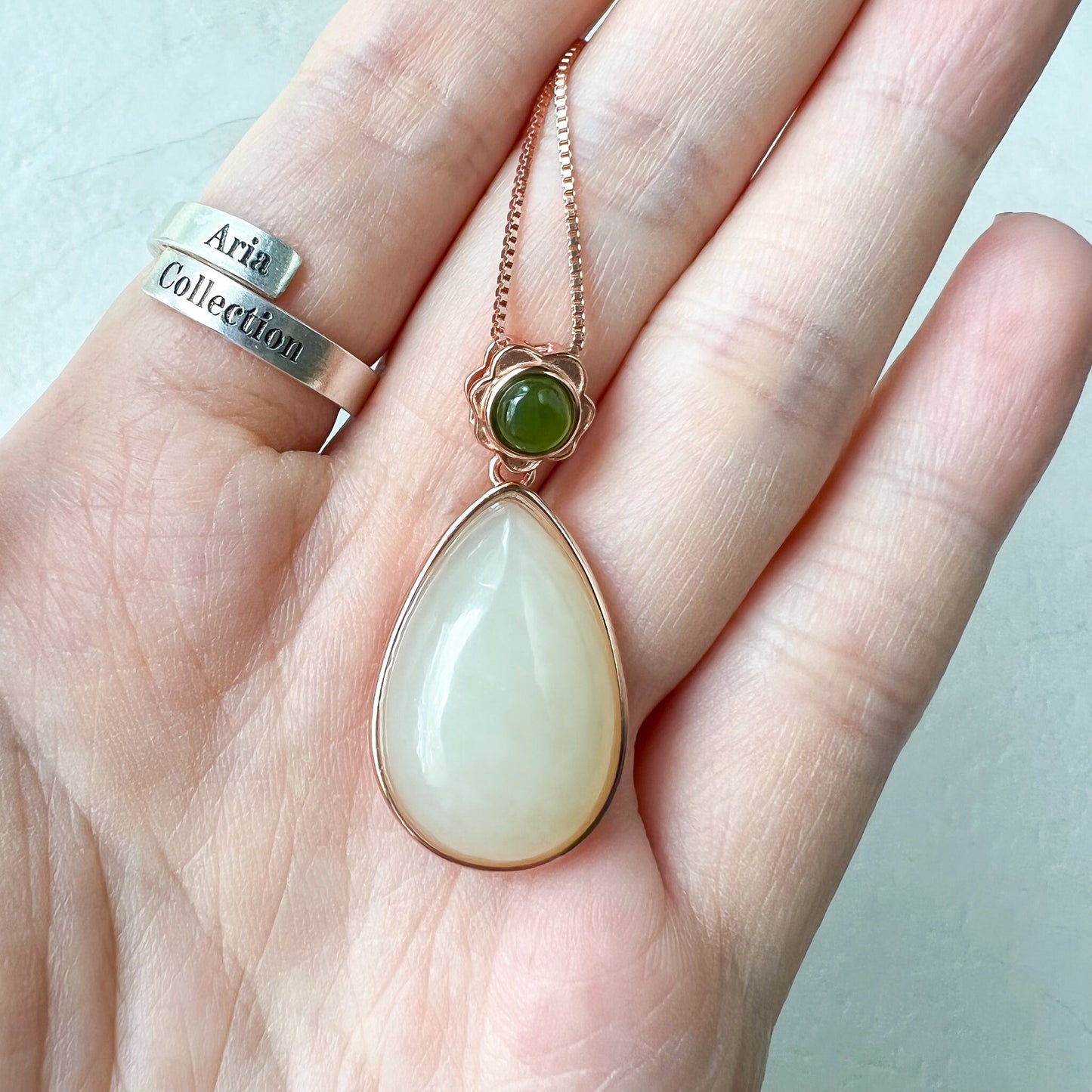 Nephrite Jade Teardrop Rose Gold Plated Sterling Silver Pendant Necklace, HST-0722-1668694729 - AriaDesignCollection