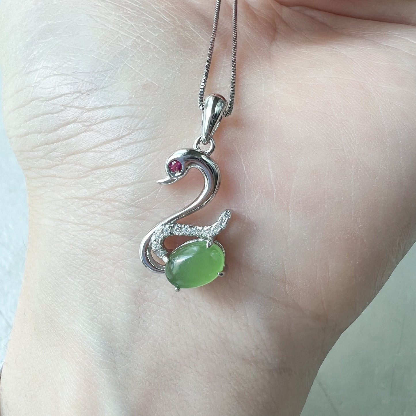 Green Nephrite Jade Swan Sterling Silver Necklace, HST-0722-1668705081 - AriaDesignCollection