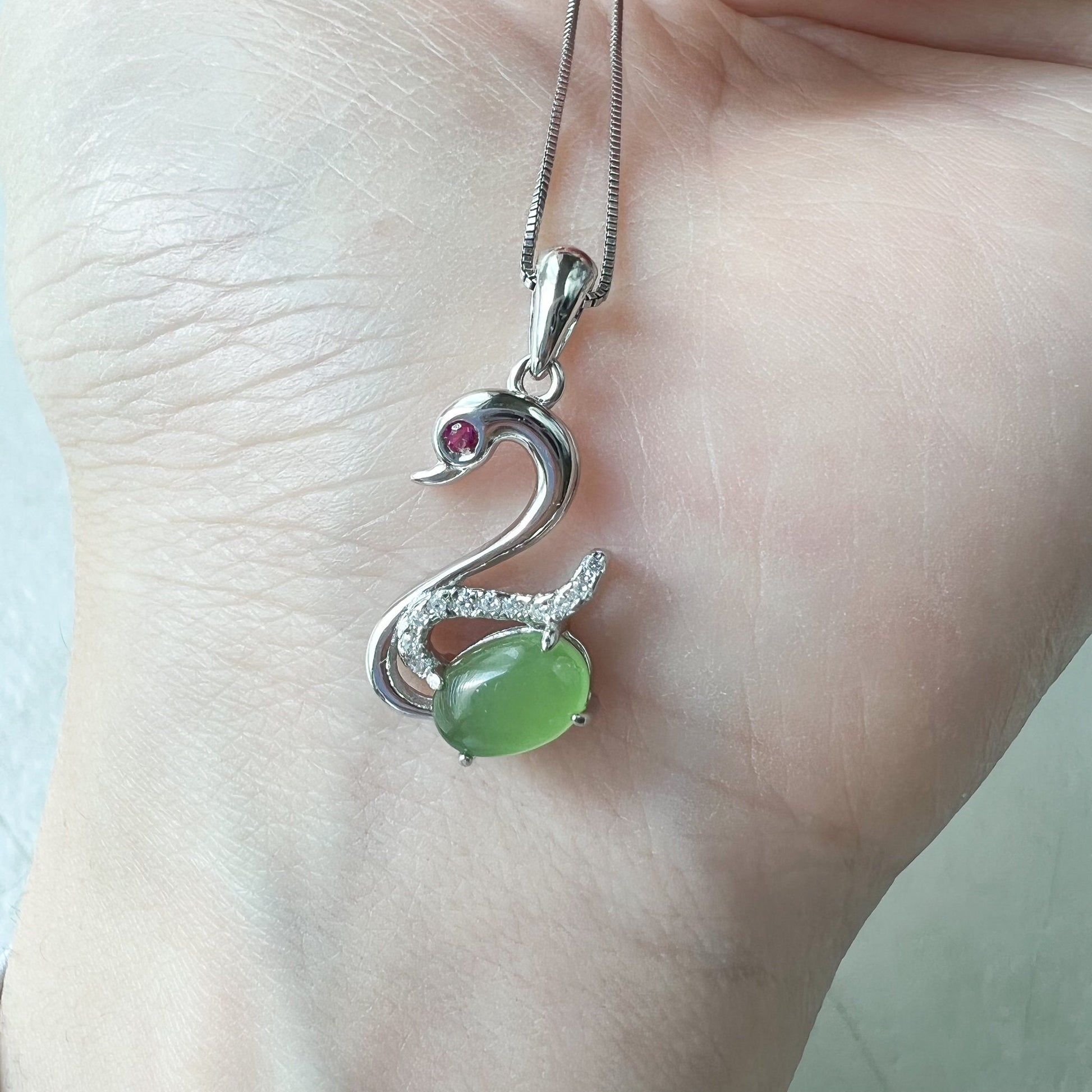 Green Nephrite Jade Swan Sterling Silver Necklace, HST-0722-1668705081 - AriaDesignCollection