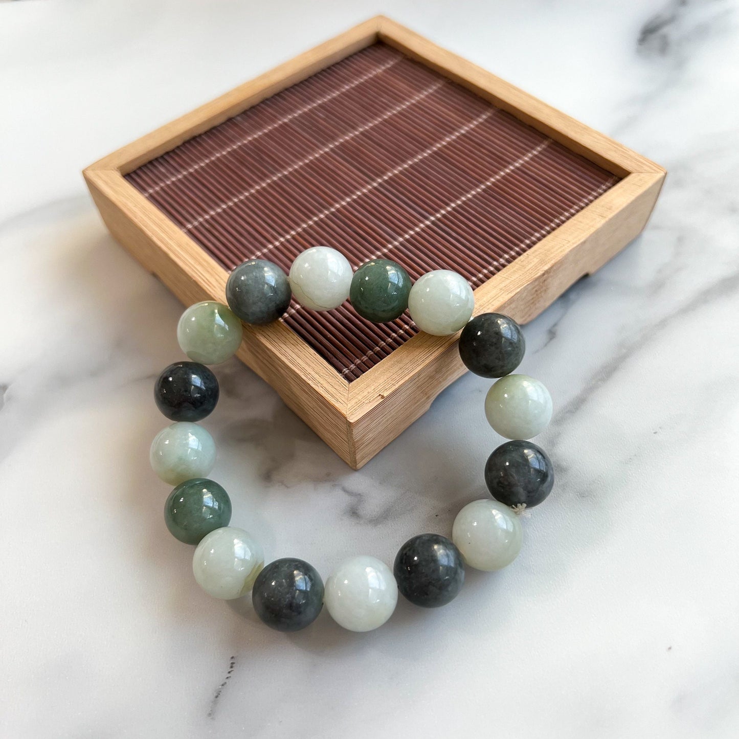 14 mm Jadeite Jade Large Round Beaded Bracelet, Green, Gray, Black Jade Bracelet, MDFM-0822-1670129480 - AriaDesignCollection
