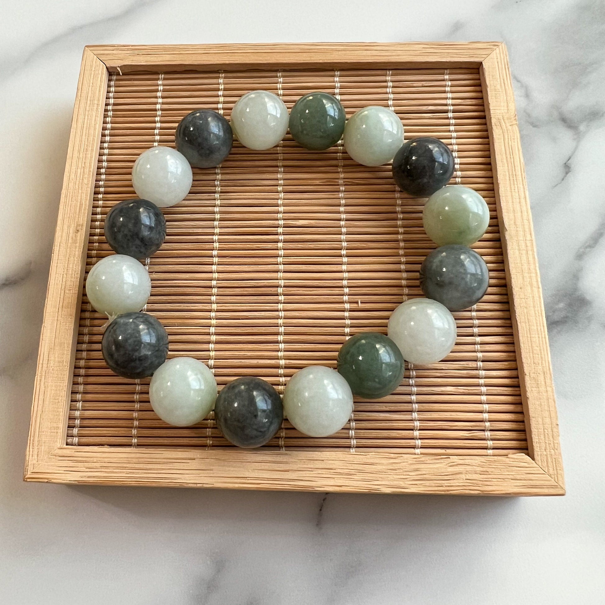 14 mm Jadeite Jade Large Round Beaded Bracelet, Green, Gray, Black Jade Bracelet, MDFM-0822-1670129480 - AriaDesignCollection